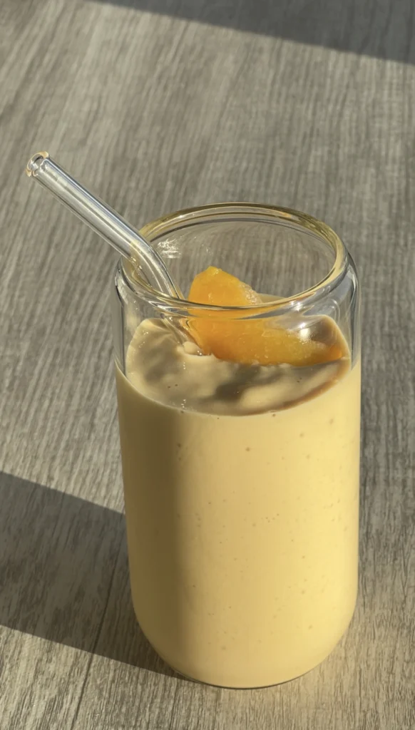 Golden mango-peach smoothie in glass jar with peach garnish.