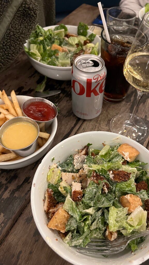 Creamy chicken Caesar with romaine, croutons, and parmesan.